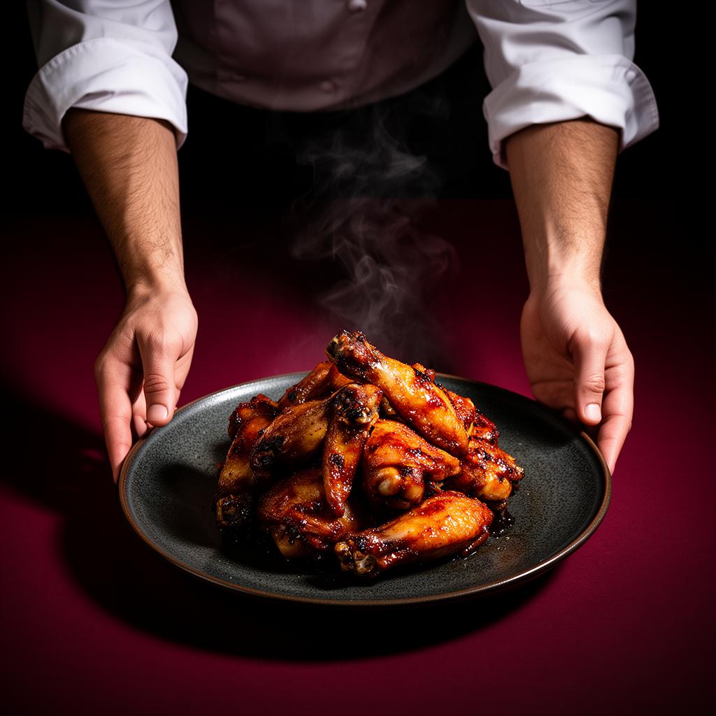 Chef plating a tray of glossy baked wings, sleeves rolled up