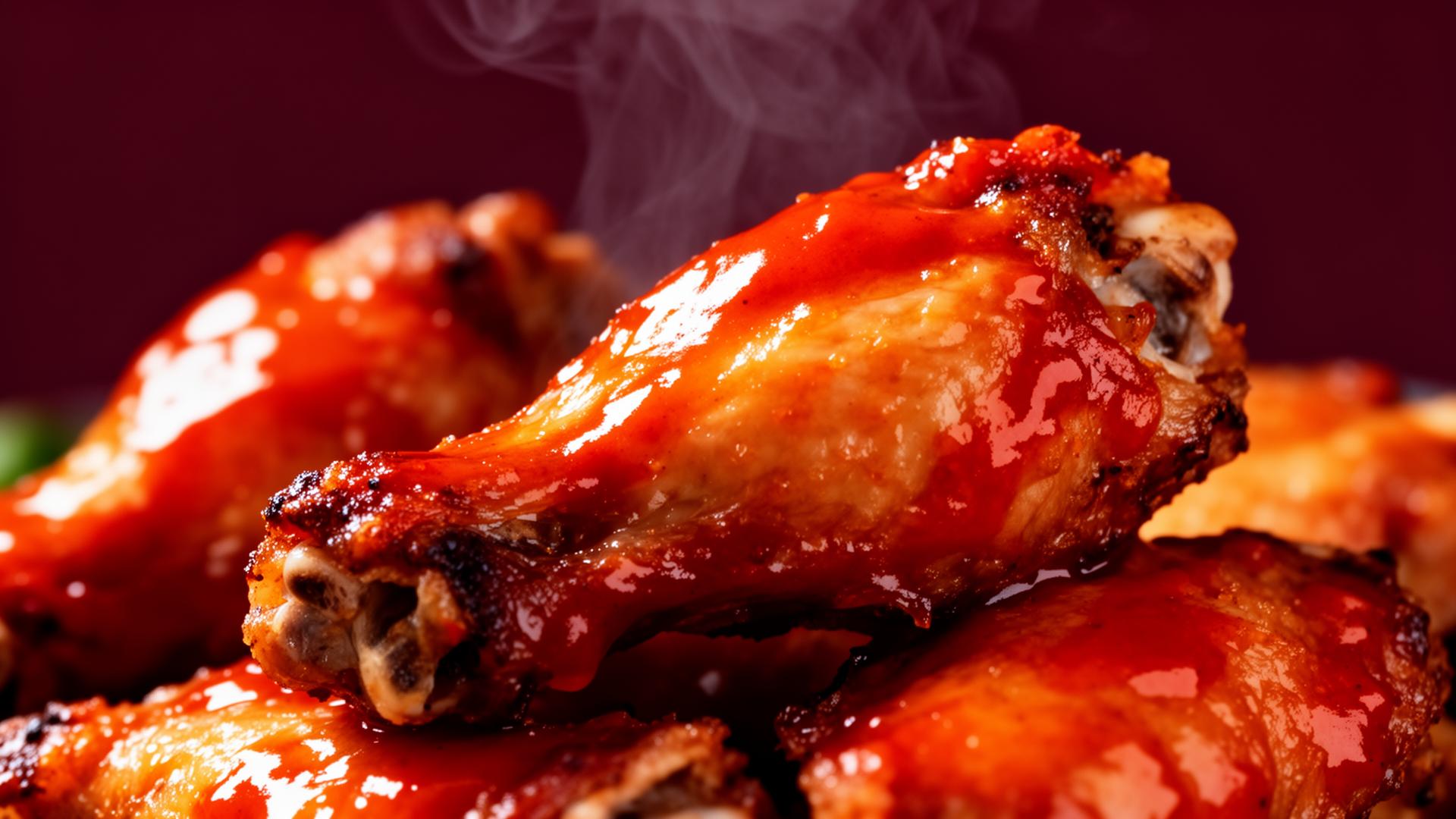Close-up of glossy baked wings with steam rising