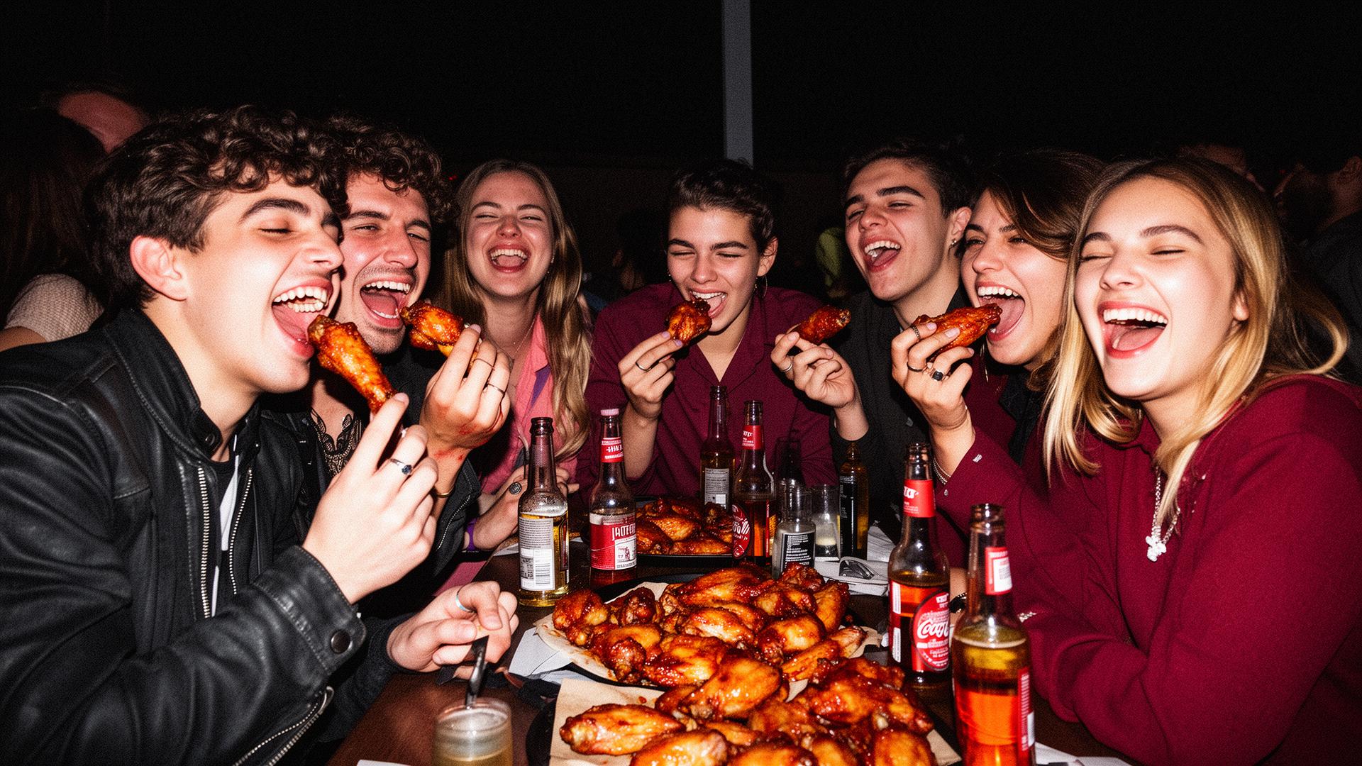 Friends laughing eating wings