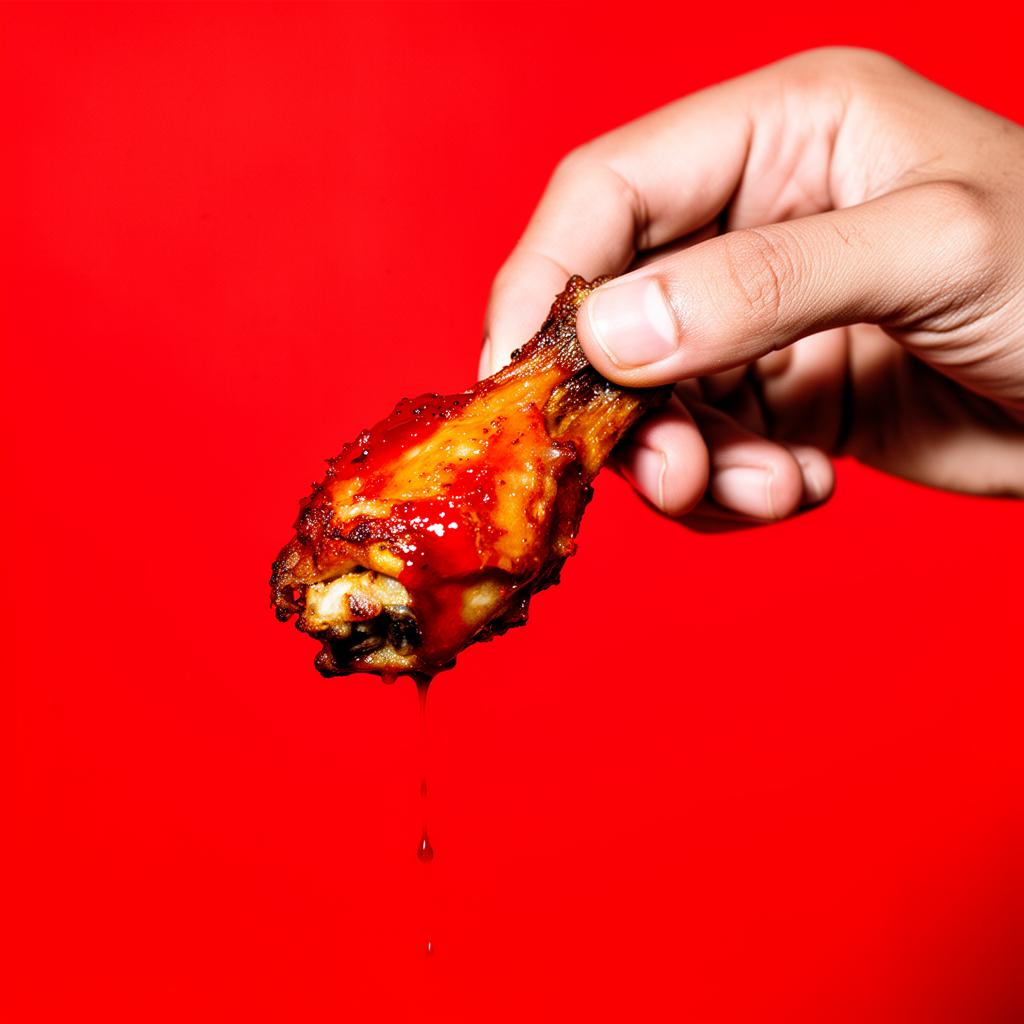 Hand grabbing a saucy baked wing